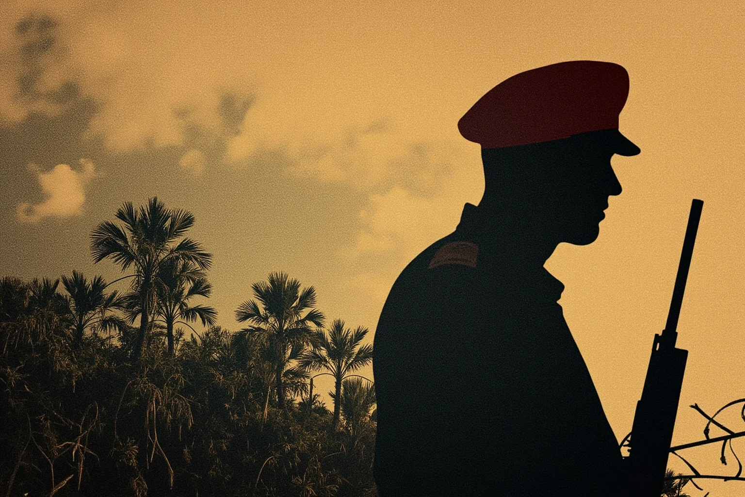 21 Beloved Historical Figures Who Are Controversial Today 13 A faded revolutionary-era beret and jungle silhouette, symbolic Cuban-revolution era illustration, no real person depicted