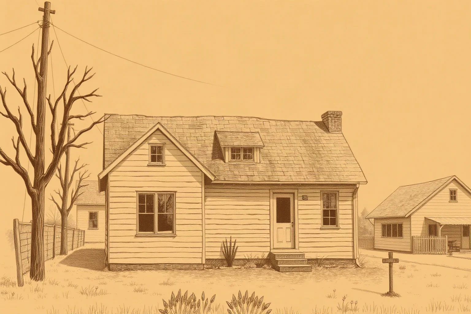 A faded sepia-toned illustration of a modest suburban house in the 1930s, evoking Depression-era hardship