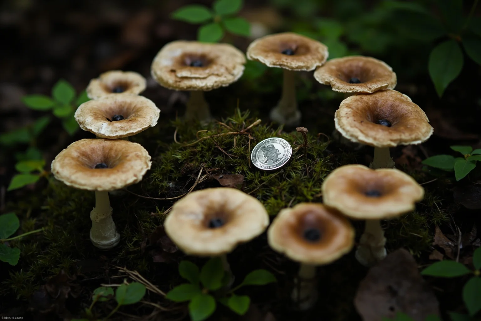 A fairy circle of mushrooms in an enchanted forest with a small silver coin left as an offering