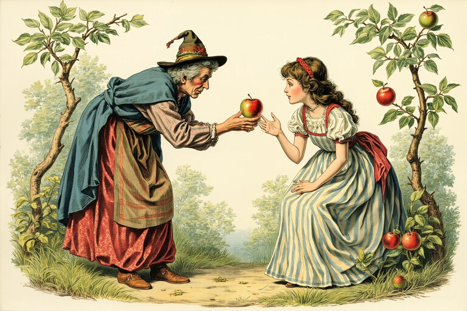 The Strange History Of The Poison Apple 13 A fairy tale illustration of an old peddler woman offering a two-toned red and green apple to a young woman