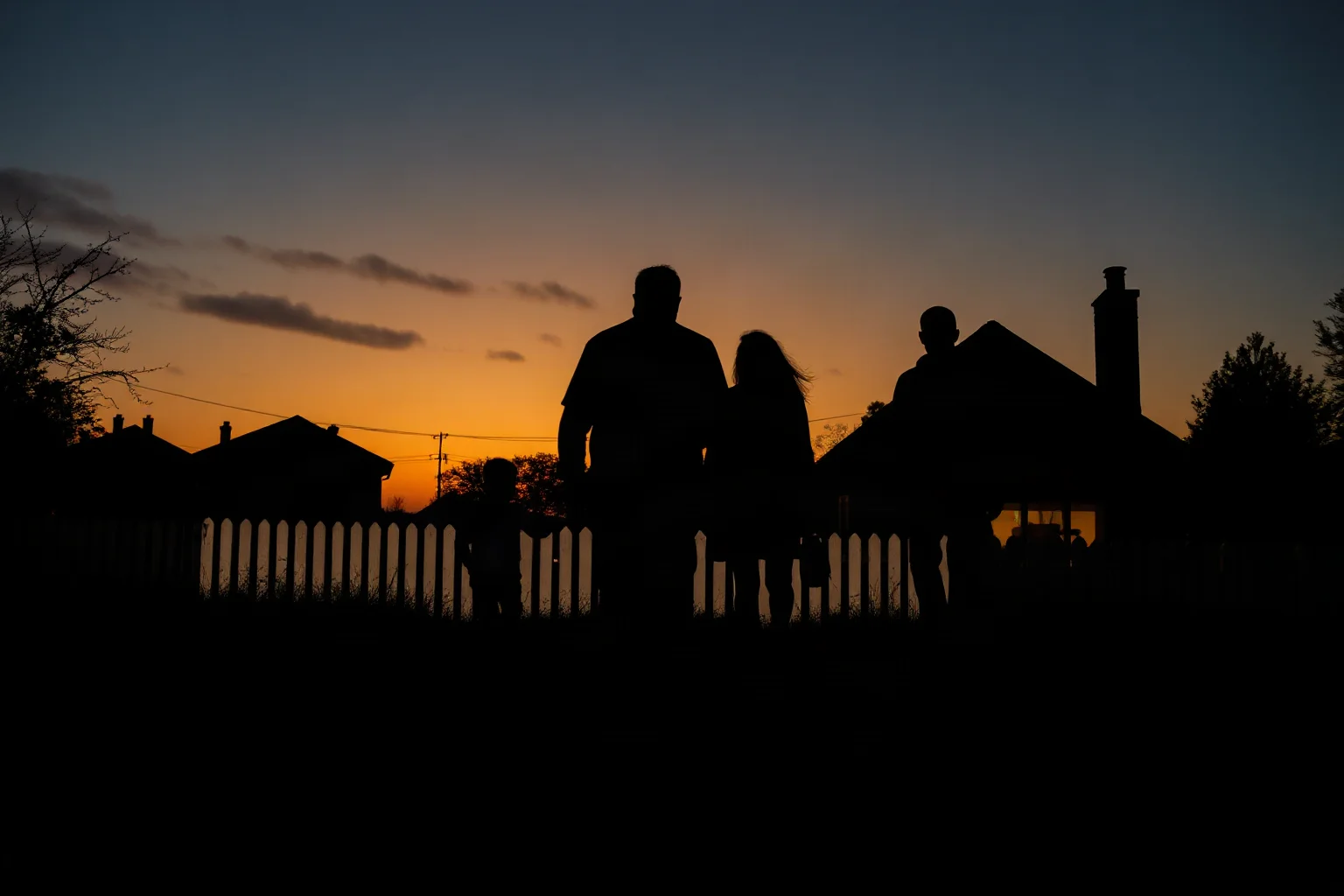 A family silhouette walking away from a house at dusk, symbolizing a family fleeing into hiding