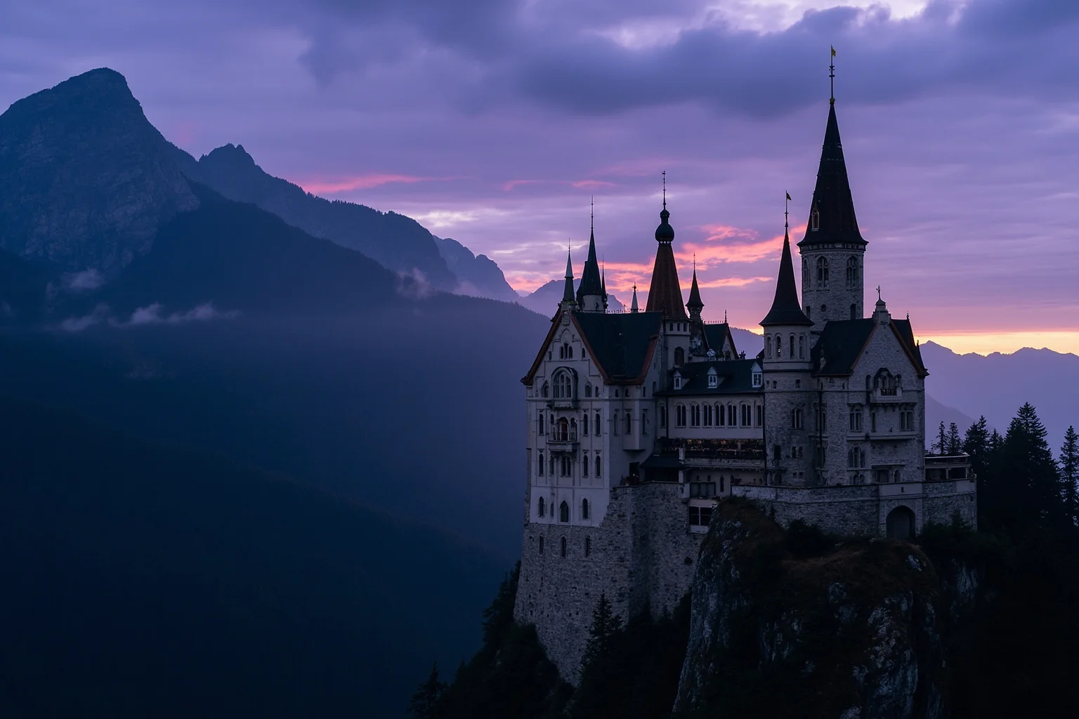 A fantastical fairy-tale castle perched on a cliff in the Bavarian Alps at dusk