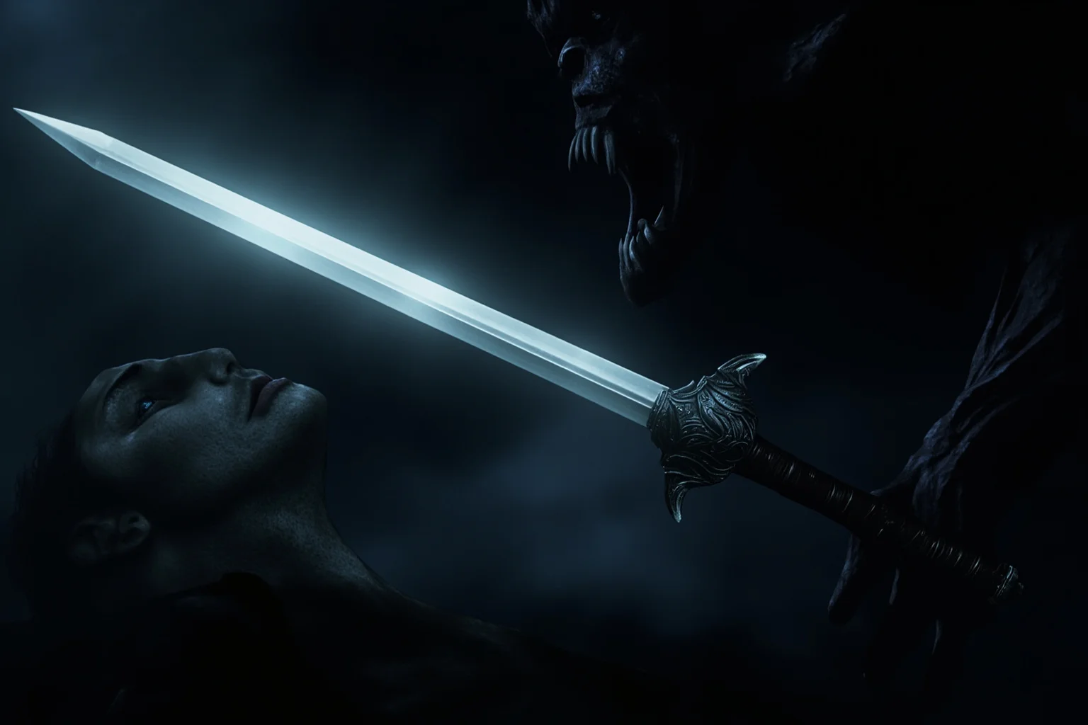 A fantasy tabletop RPG scene showing a silvered sword glowing faintly against a shadowy lycanthrope