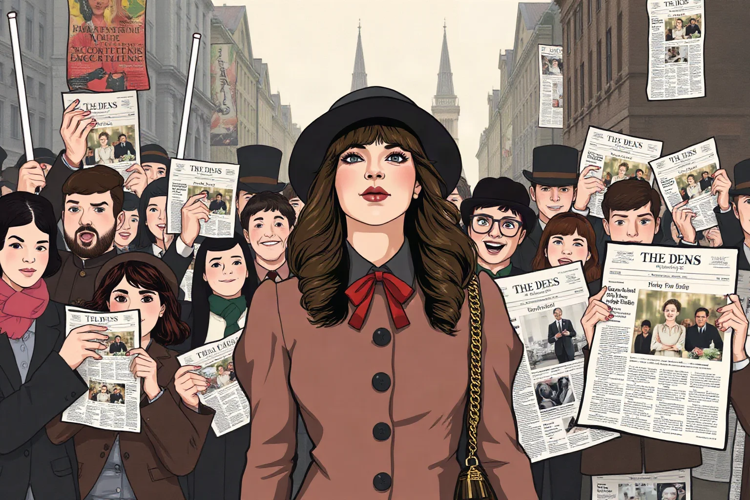 A fashionable young woman in Edwardian dress surrounded by cheering crowds and newspaper headlines, illustrative style