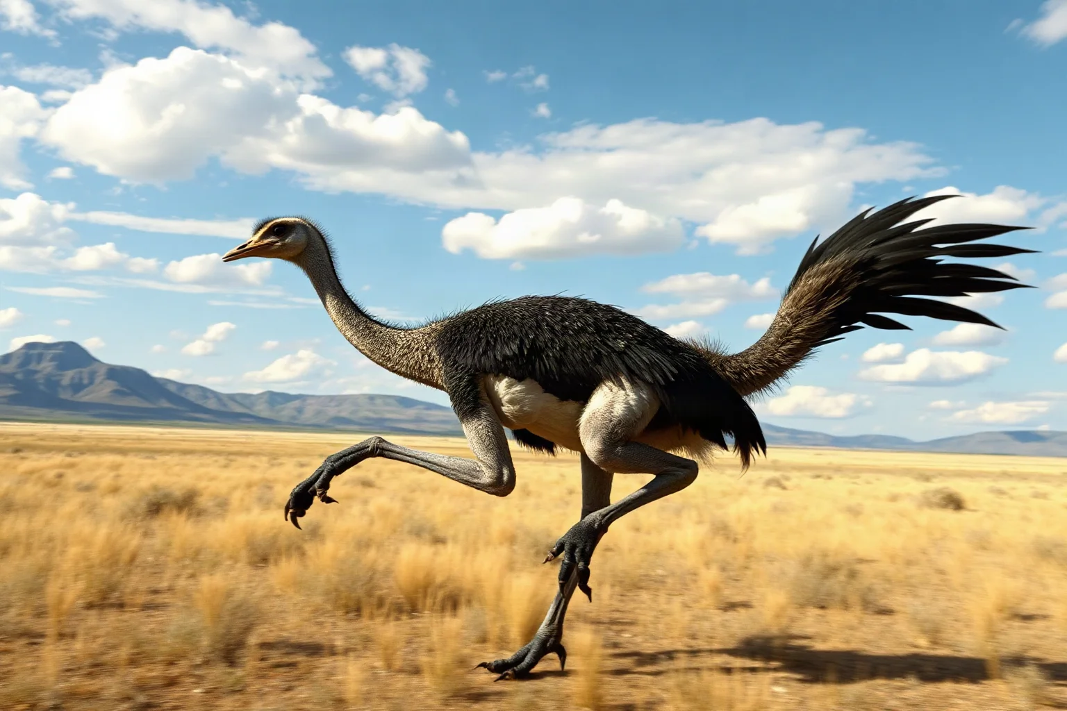 A fast ostrich-like Gallimimus running across an open Cretaceous plain