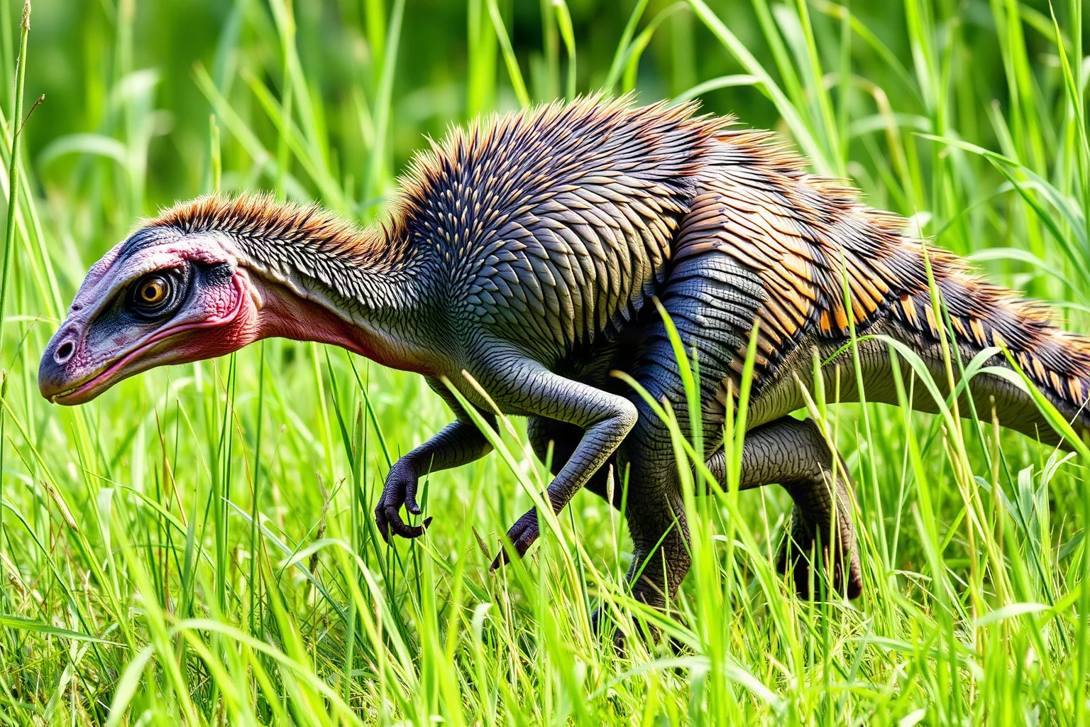 A feathered Velociraptor the size of a large turkey stalking through tall grass, accurate small scale