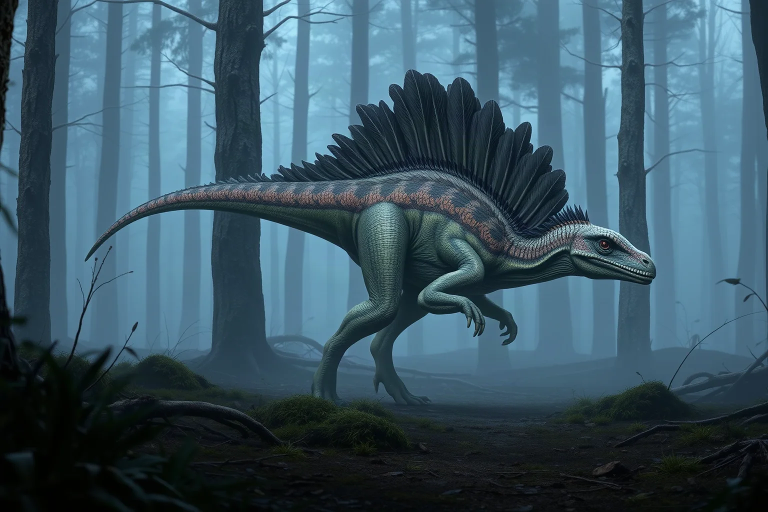 A feathered Yutyrannus walking through a cold Early Cretaceous forest, mist in the background, realistic paleoart style