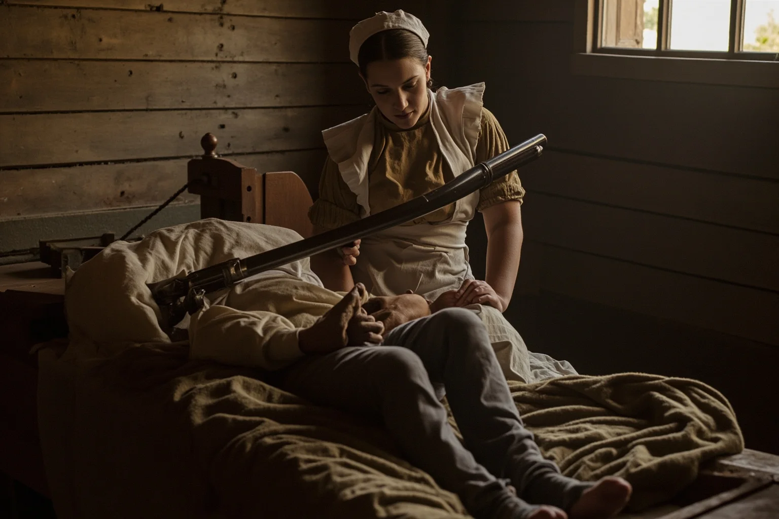 A female nurse in colonial-era clothing tending to a wounded soldier in a basic hospital setting