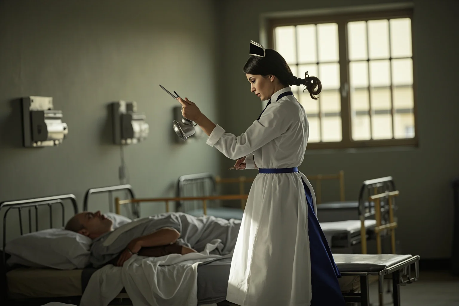 25 Greatest Historical Figures of the Victorian Era 6 A female nurse in Victorian uniform tending to patients in a hospital ward, holding a lamp and checking medical records with precision
