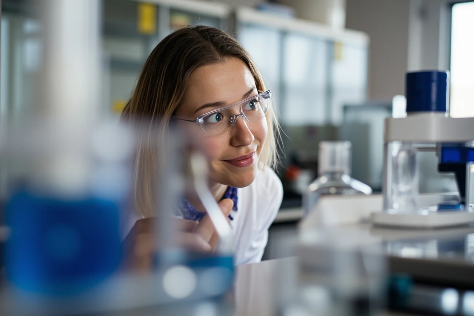 A female physicist conducting precise experiments with laboratory equipment and particle physics instruments