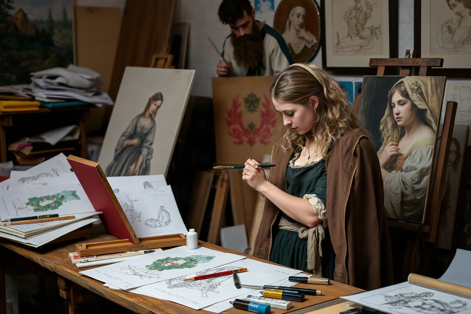 A female Renaissance painter at work in a workshop, carefully applying paint to canvas, surrounded by art supplies and sketches