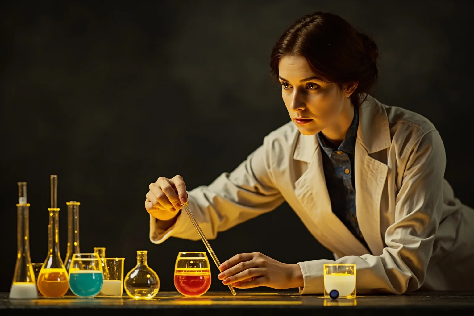 Most Interesting People in History: 22 Figures Who Shaped the World 23 A female scientist in a modest early 1900s laboratory coat working with glowing glassware, painted historical style