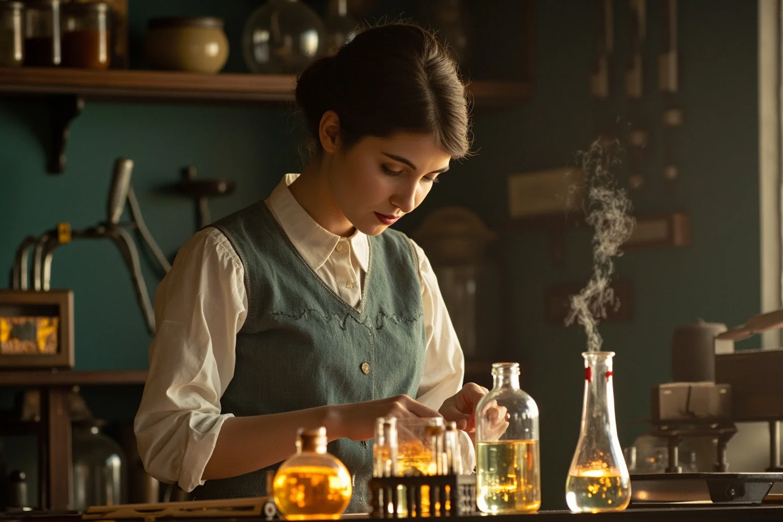 A female scientist in early 1900s attire working in a modest laboratory with glowing glassware, illustration style