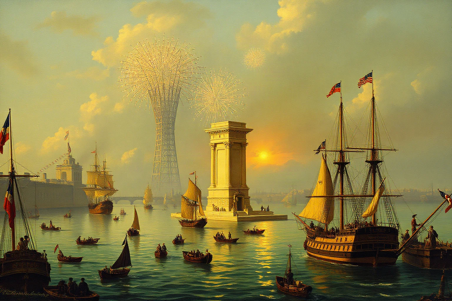 A festive 1880s harbor scene with ships, flags, and fireworks celebrating a monument's dedication