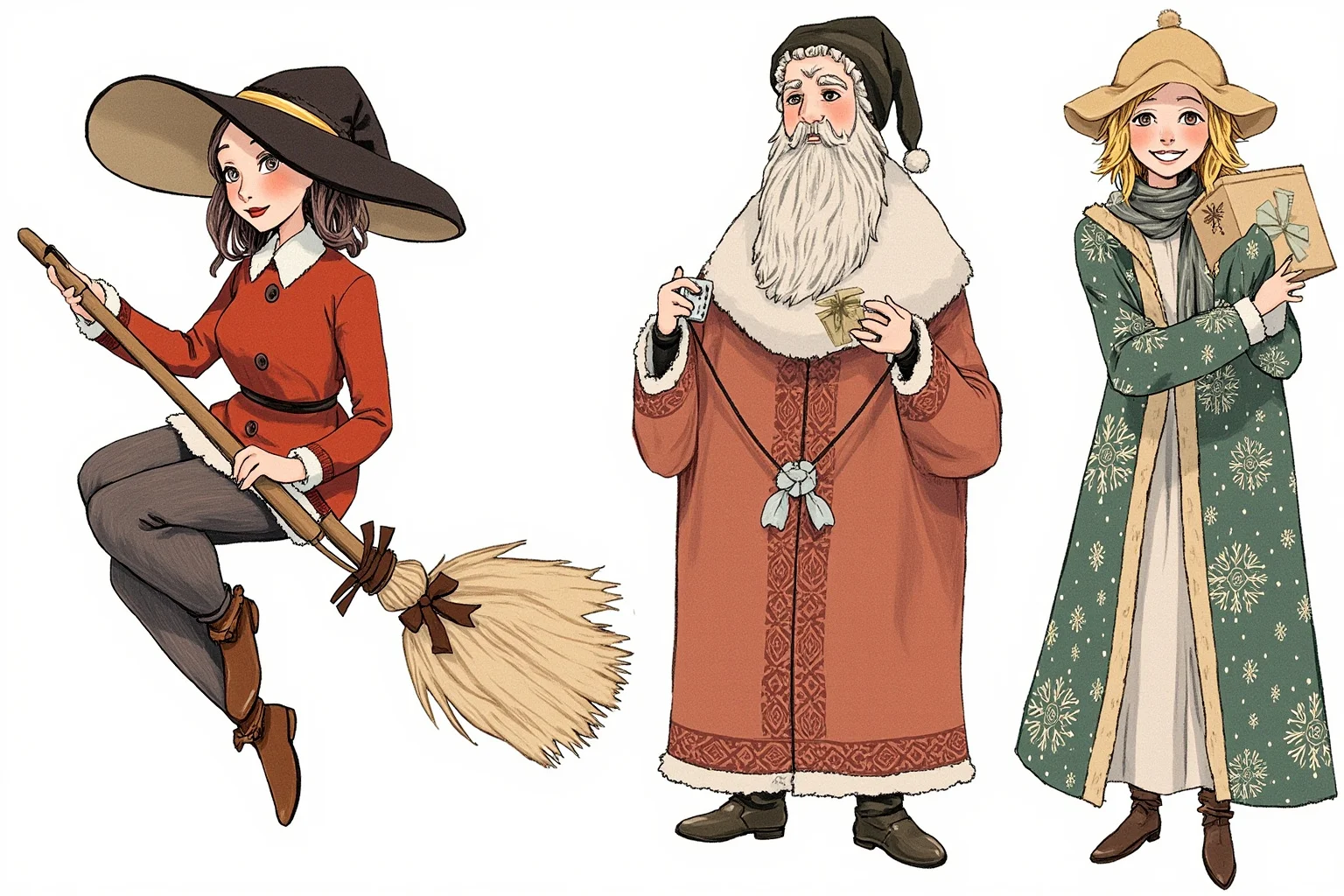 The Origin Of Santa Claus And How He Became Our Christmas Icon 7 A festive collage-style illustration showing different global winter gift-giving figures like a witch on a broom and a robed gift-bringer, each in distinct regional dress