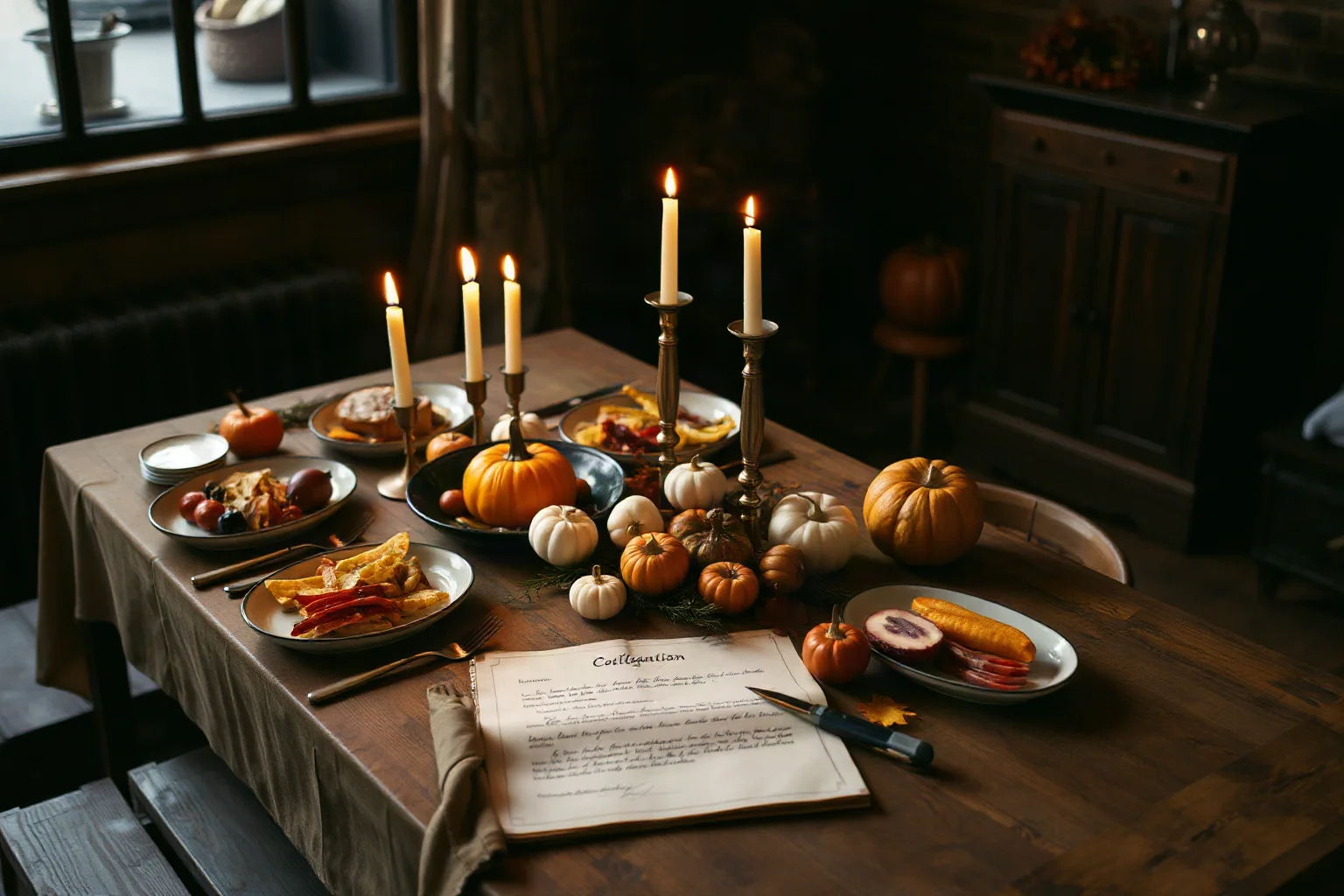 A festive colonial-era harvest table set with autumn food, candles, and a handwritten proclamation nearby