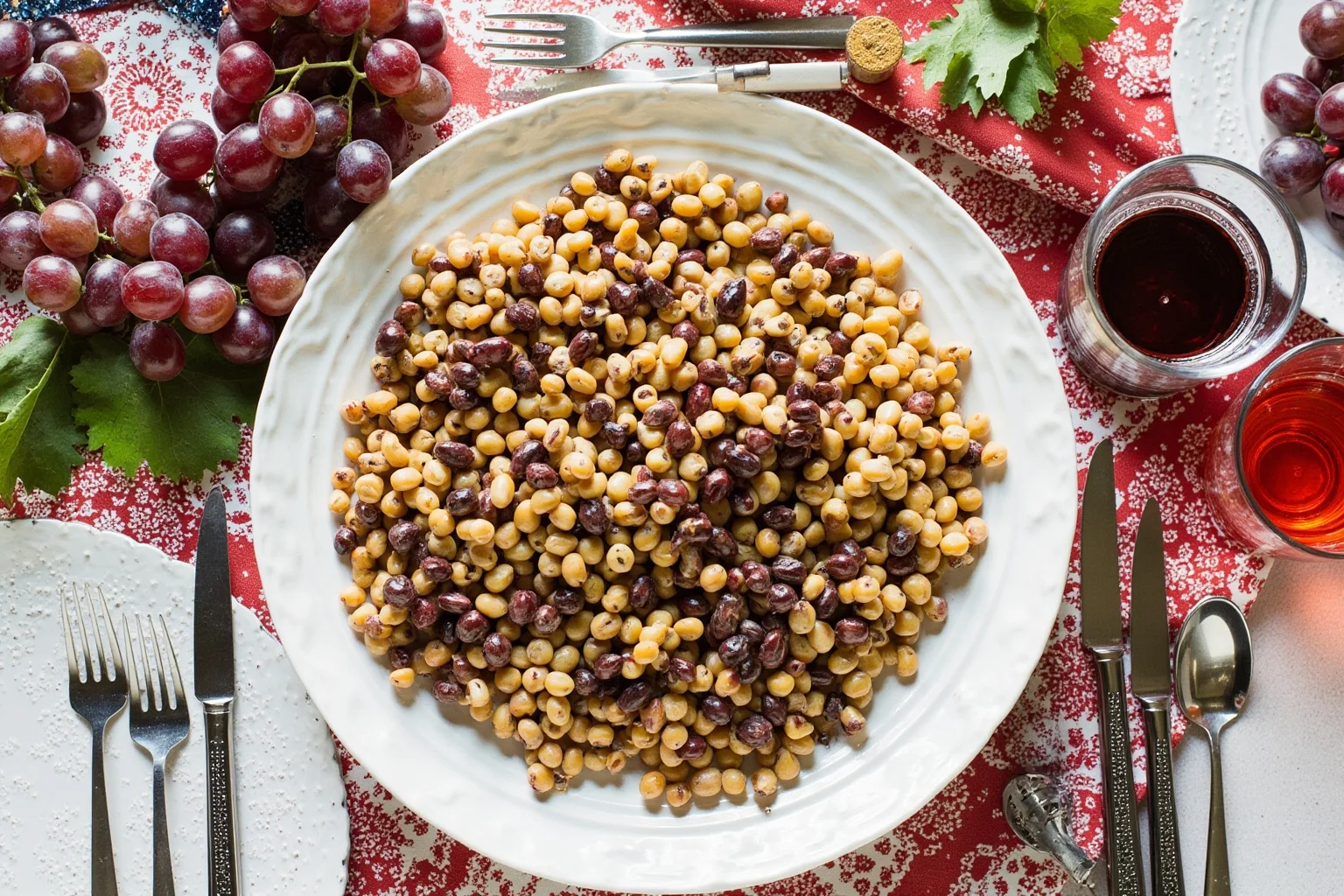 A festive New Year's table with black-eyed peas and grapes