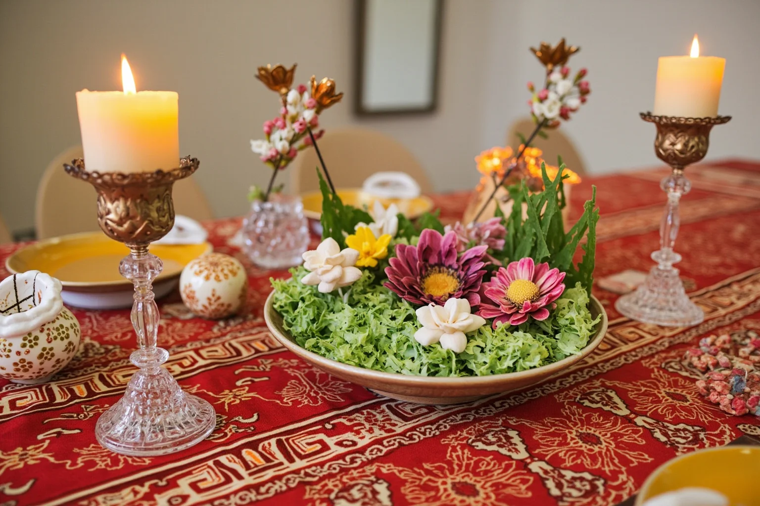 A festive Persian New Year table with a decorative seven-item spring display and candles