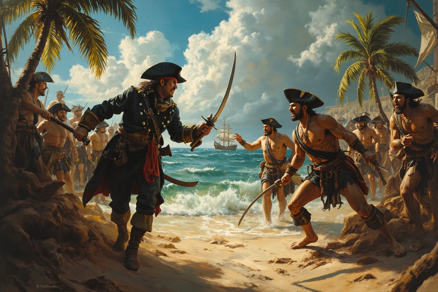 A fierce buccaneer captain confronting captured sailors on a Caribbean beach, dramatic painterly illustration
