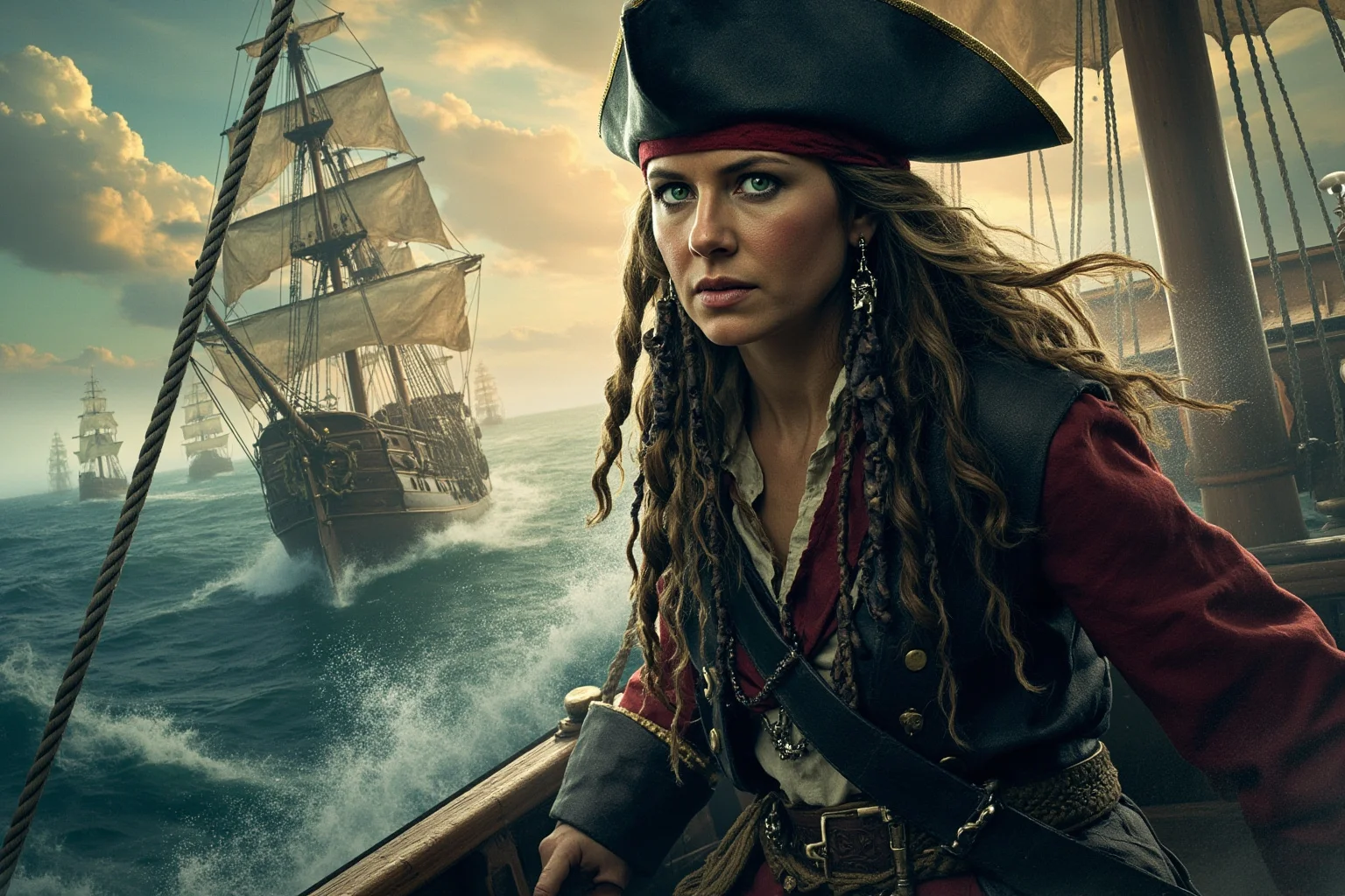 A fierce female pirate captain commanding a fleet of wooden ships on turbulent seas, dramatic historical illustration
