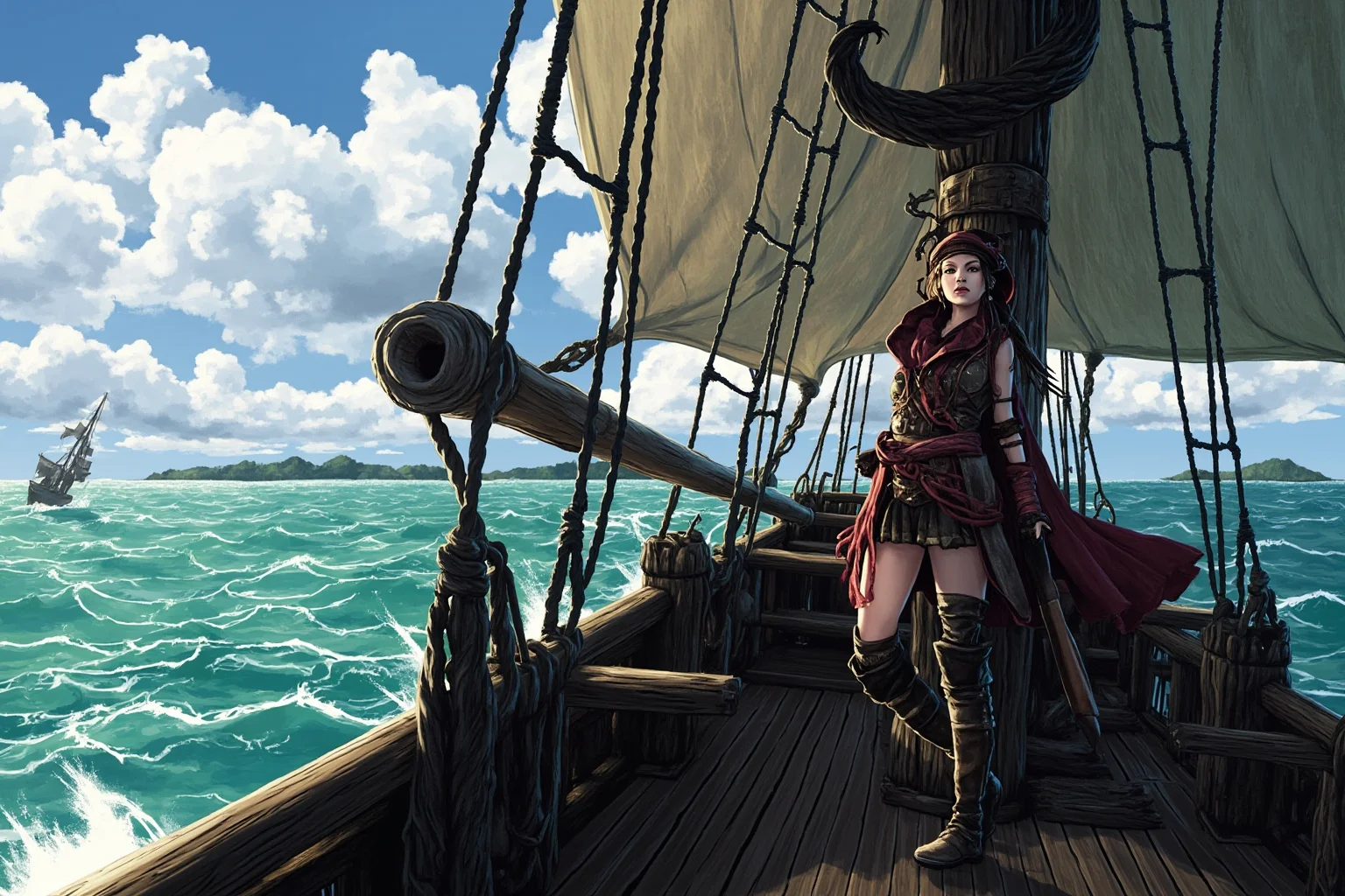 Most Interesting People in History: 22 Figures Who Shaped the World 8 A fierce female pirate captain standing on the deck of a large wooden junk ship on the South China Sea, illustrative style