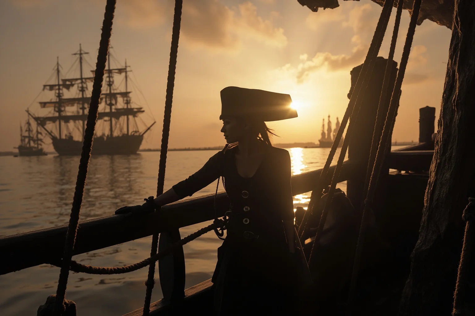 A fierce silhouette of a female pirate commander standing on the deck of a wooden junk, overlooking a vast fleet
