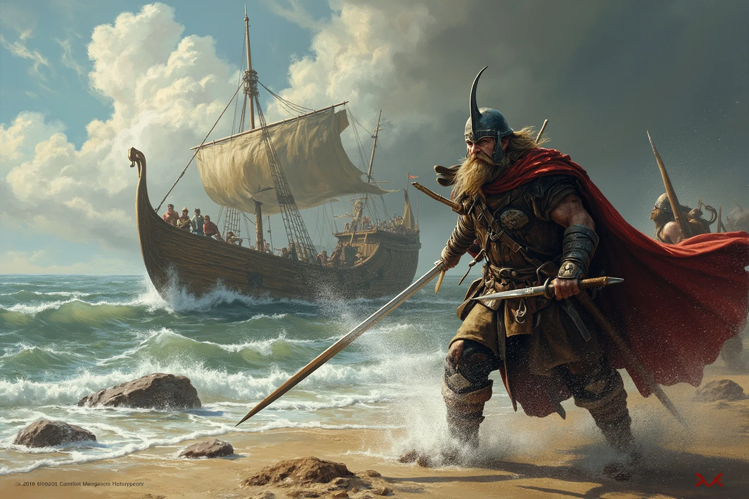20 Greatest Vikings in History 8 A fierce Viking raider leading warriors off a beached longship onto a misty English shoreline, historical illustration style