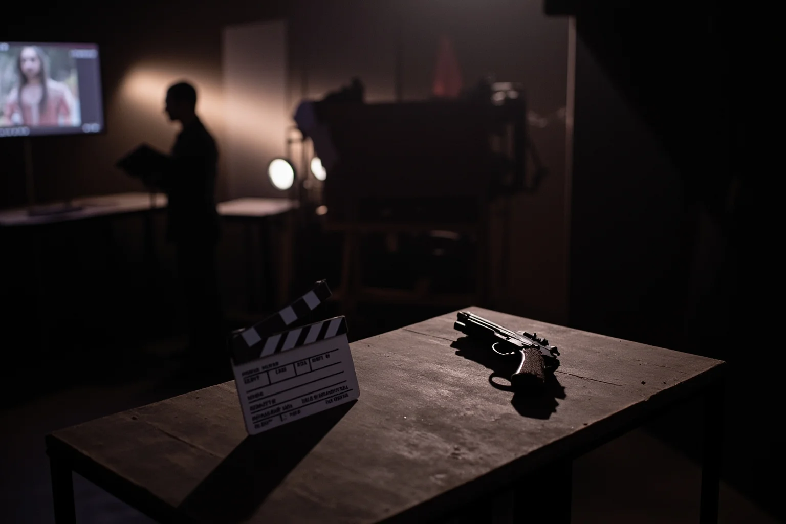 22 Hollywood Stars Whose Lives Ended in Tragedy 13 A film set prop table with a fake gun and clapperboard, dramatic industrial lighting, symbolizing an on-set accident
