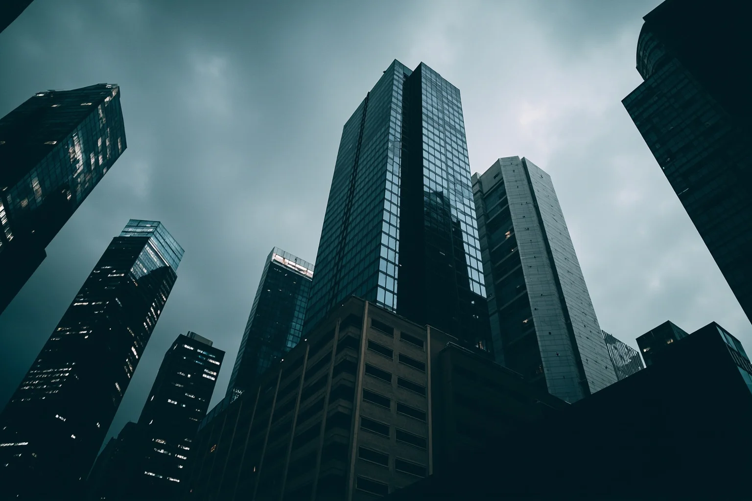 A financial district skyscraper reflecting storm clouds, tense atmosphere