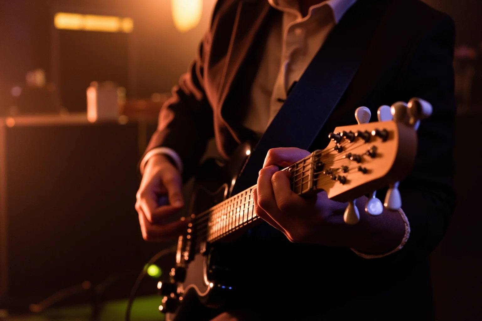 A fingerstyle guitarist playing without a pick, clean tone visualized with soft light, pub-rock stage setting