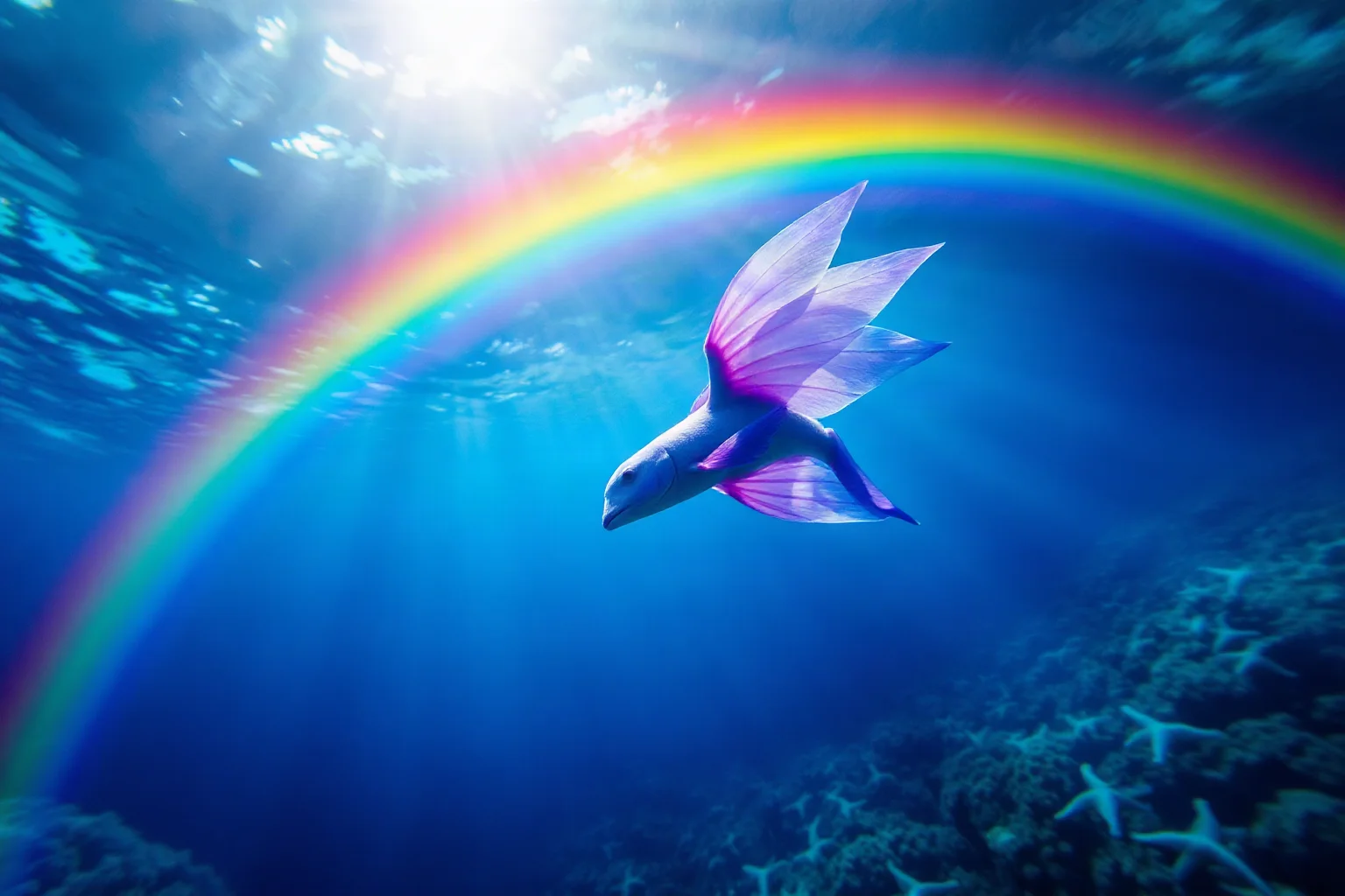 A finned sea spirit with gills gliding along a glowing rainbow above tropical Pacific waters