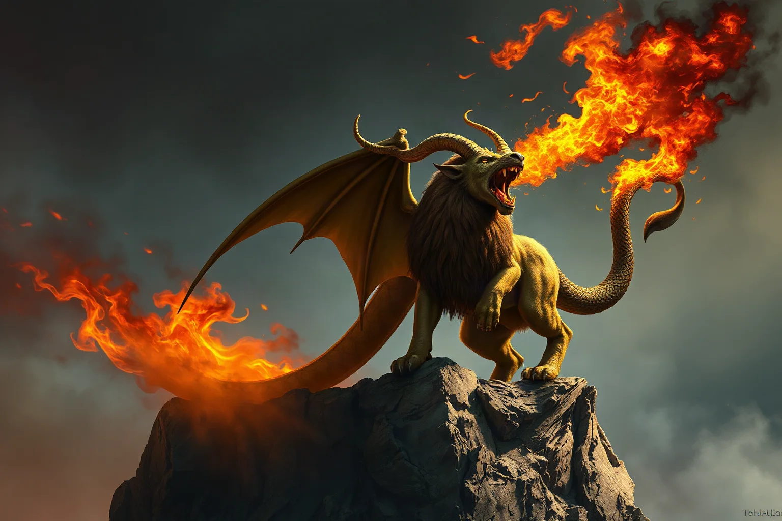 A fire-breathing chimera with a lion body, goat head, and serpent tail on a rocky cliff