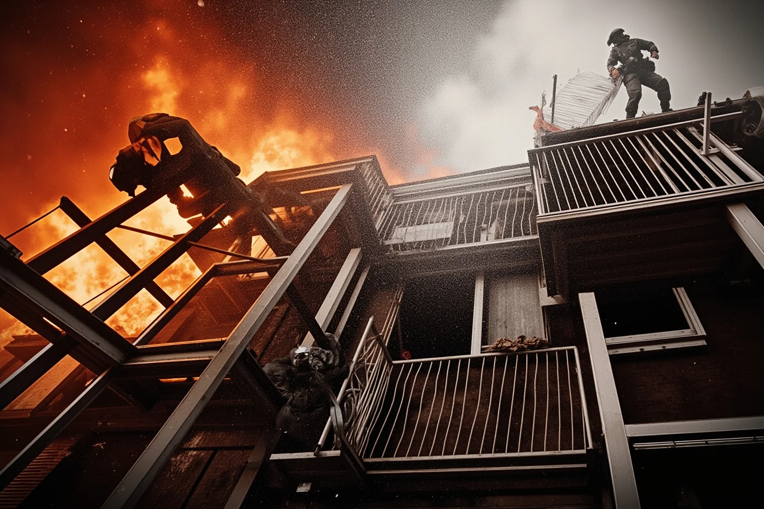 A fire escape collapsing during a rescue operation with figures falling, dramatic breaking news photograph