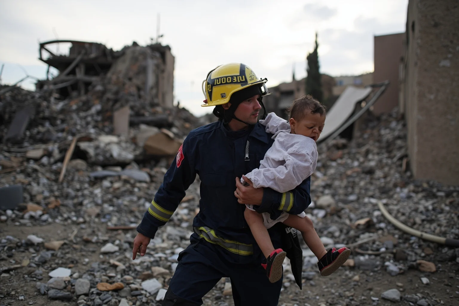 A firefighter carrying an injured child away from the rubble and devastation of a major bombing incident