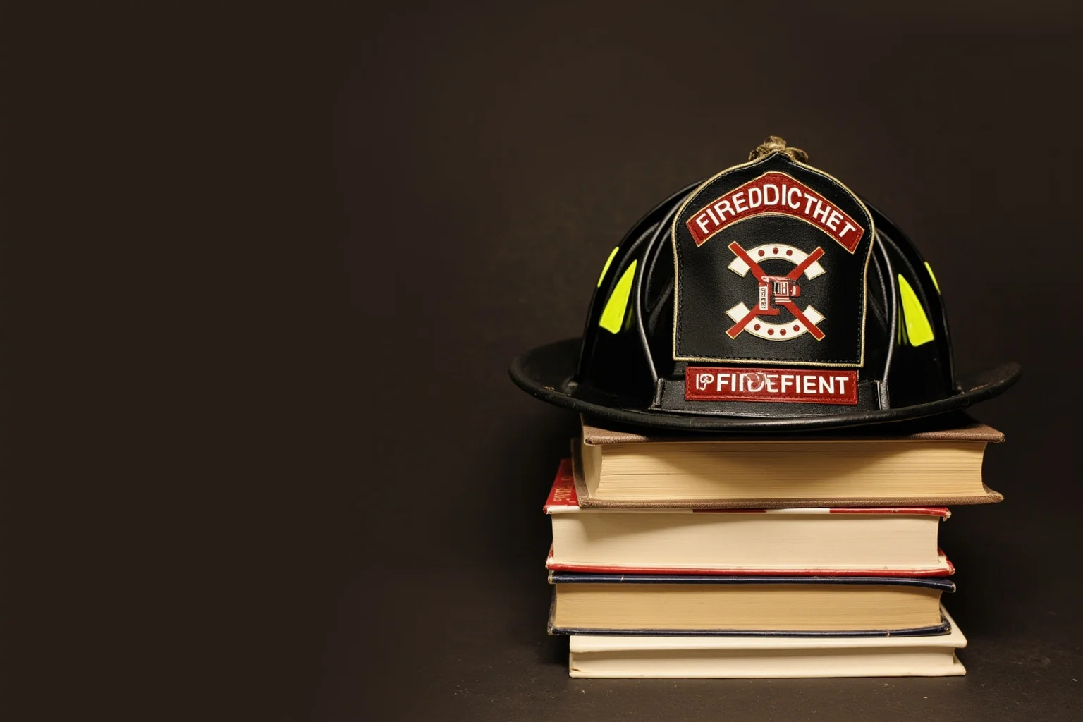 A fireman's helmet resting atop a neat stack of books, symbolic illustration
