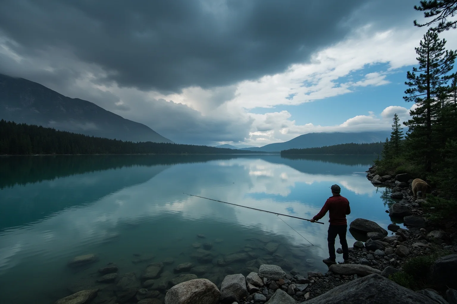 The Human Lightning Rod: The Man Who Was Struck Seven Times 9 A fisherman standing at the edge of a calm mountain lake as storm clouds gather and a bear watches from the treeline