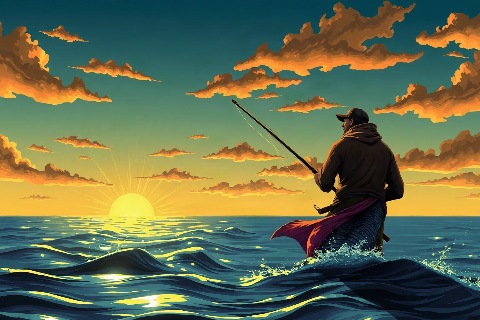 A fisherman with a shimmering fish tail rising from the sea at sunset, mythological illustration style