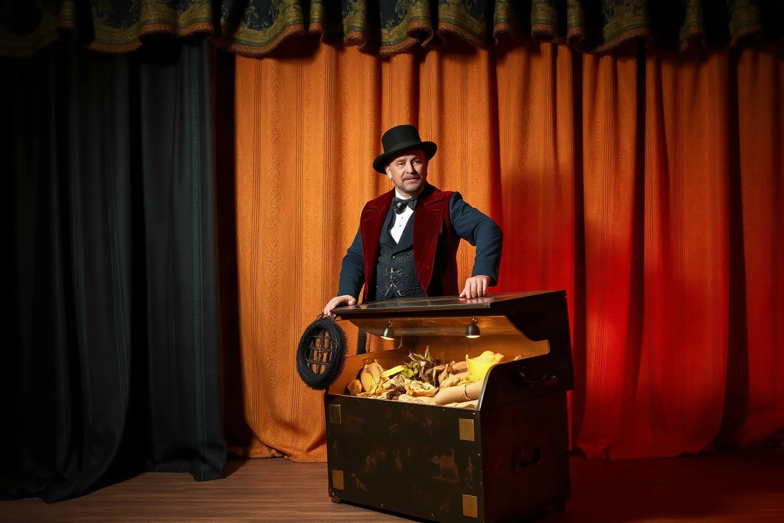 A flamboyant 19th-century showman standing before a curtained stage with a mysterious curiosity exhibit crate