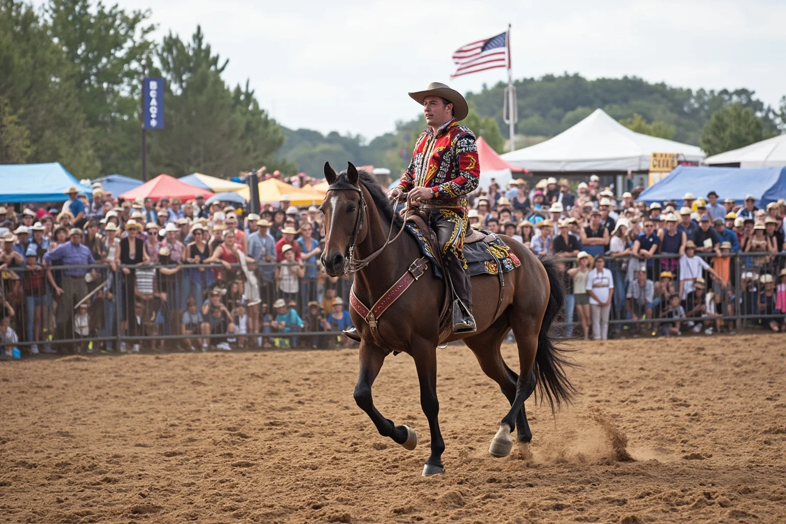 A flamboyant Wild West showman on horseback performing before a large outdoor crowd
