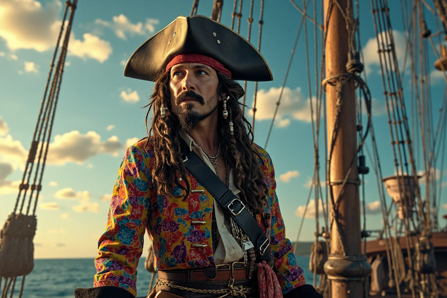 A flamboyantly dressed pirate captain in colorful calico clothing standing on a captured ship deck, illustrative style