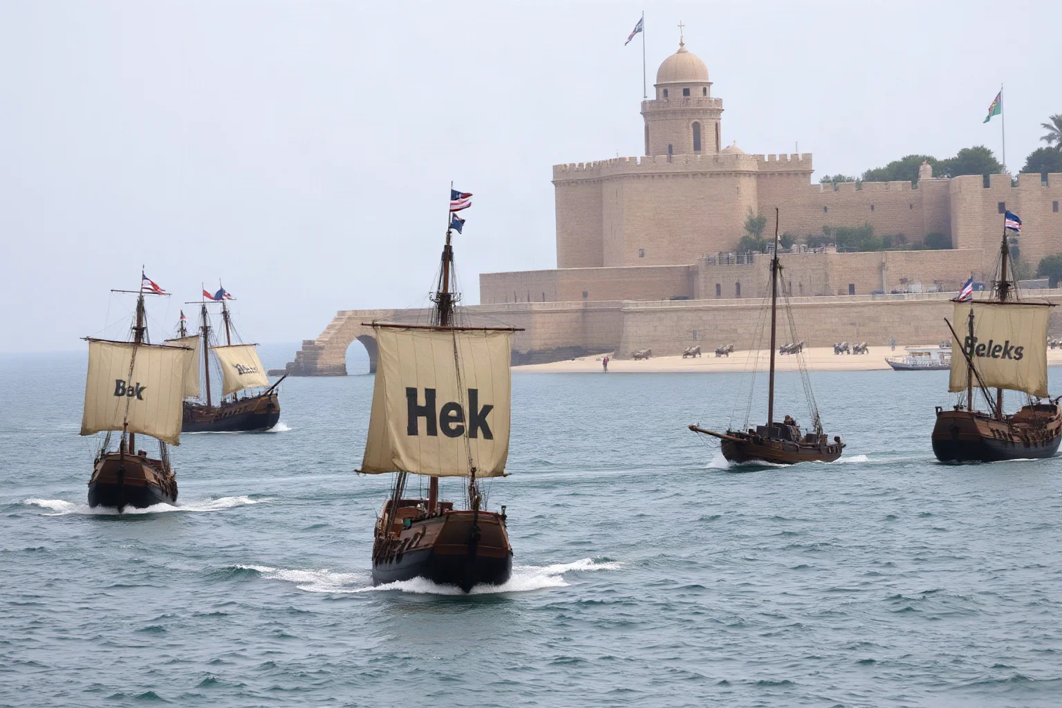 A fleet of old wooden galleons sailing near a coastal fortress with cannons, evoking the Age of Exploration