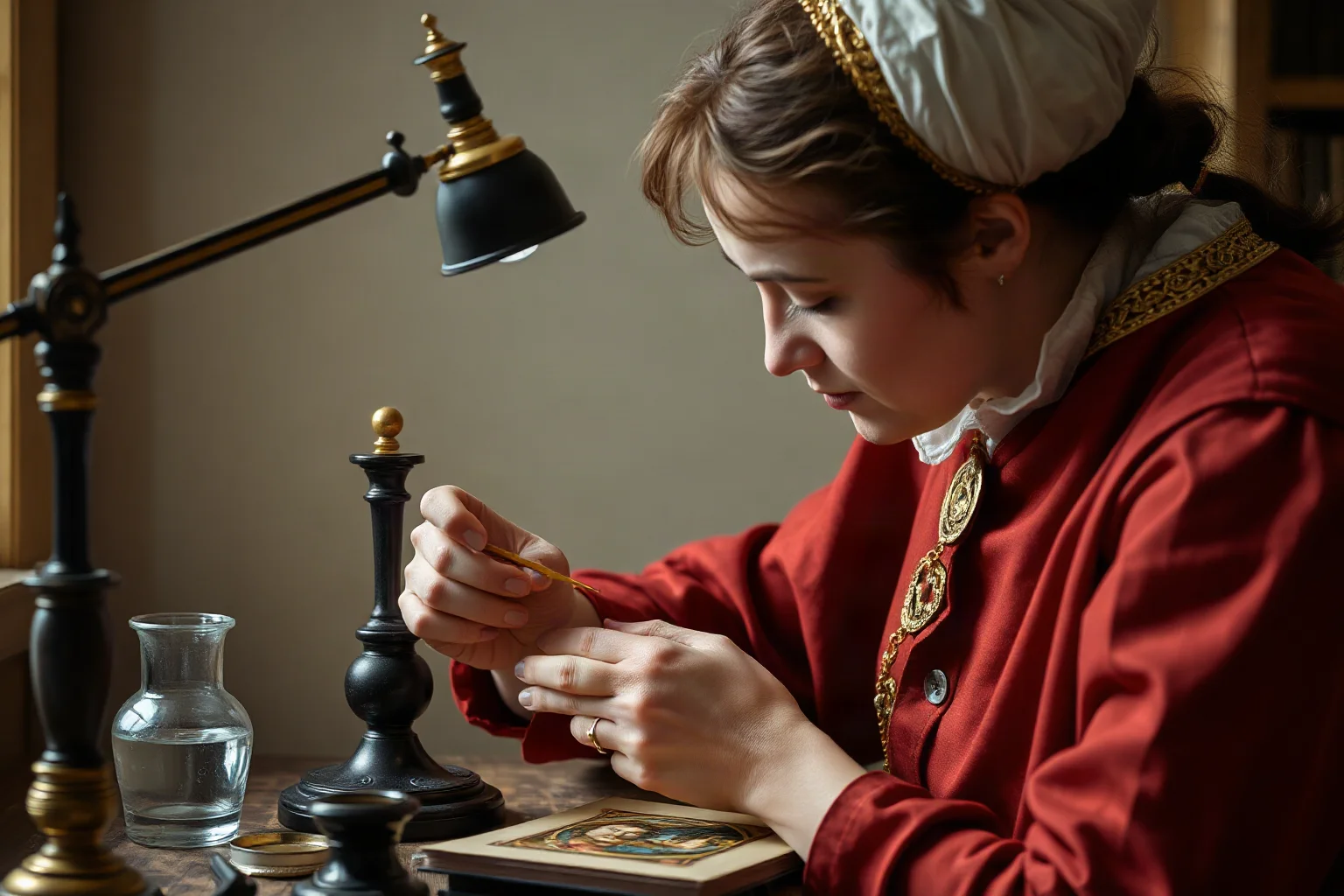 A Flemish woman illuminator at a desk with a magnifying glass, working on a tiny jewel-like miniature portrait with gold leaf and fine brushes