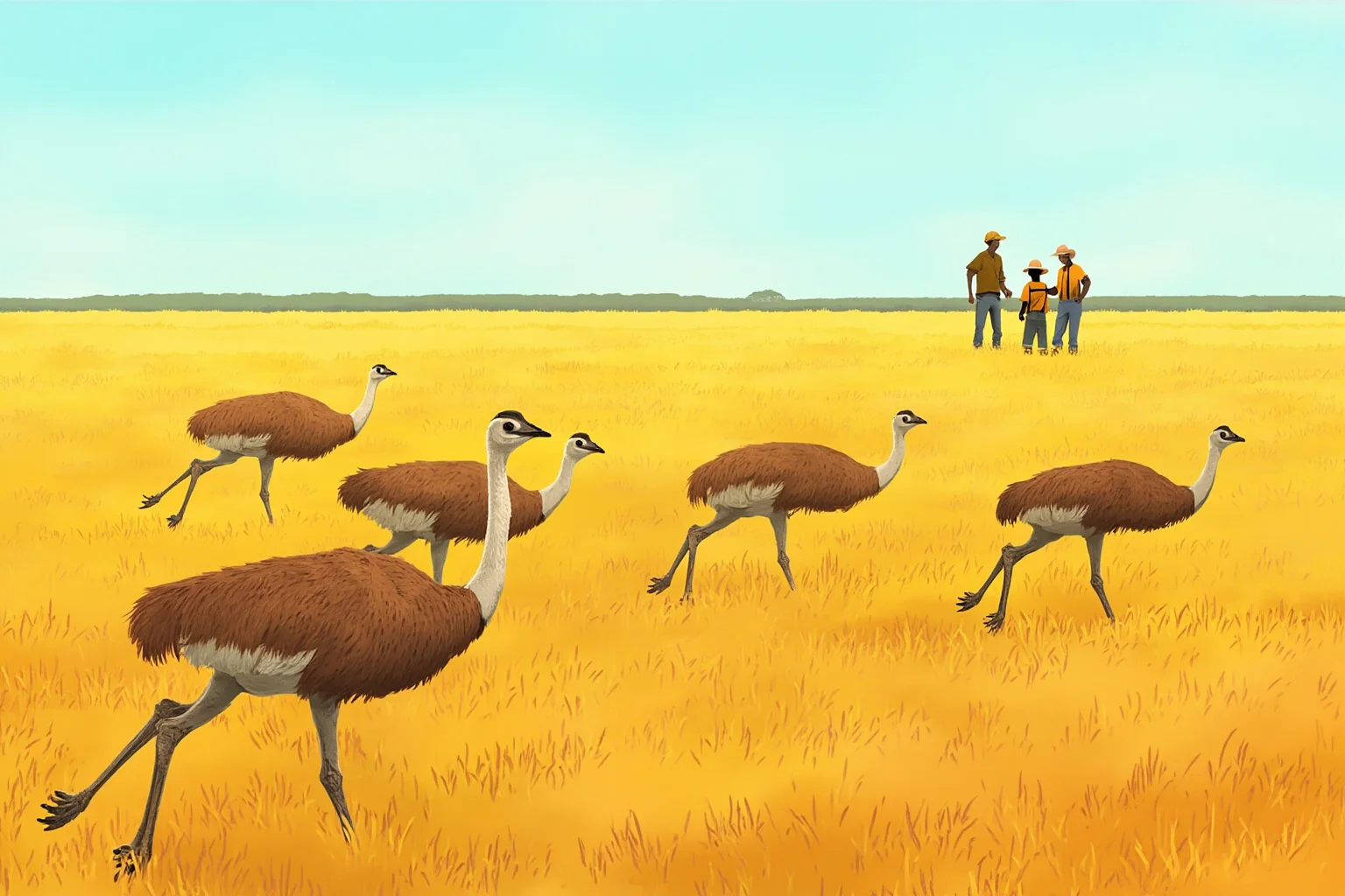 22 Lesser-Known Historical Events That No One Talks About 4 A flock of emus running through a golden Australian wheat field as farmers watch from a distance, illustrated style
