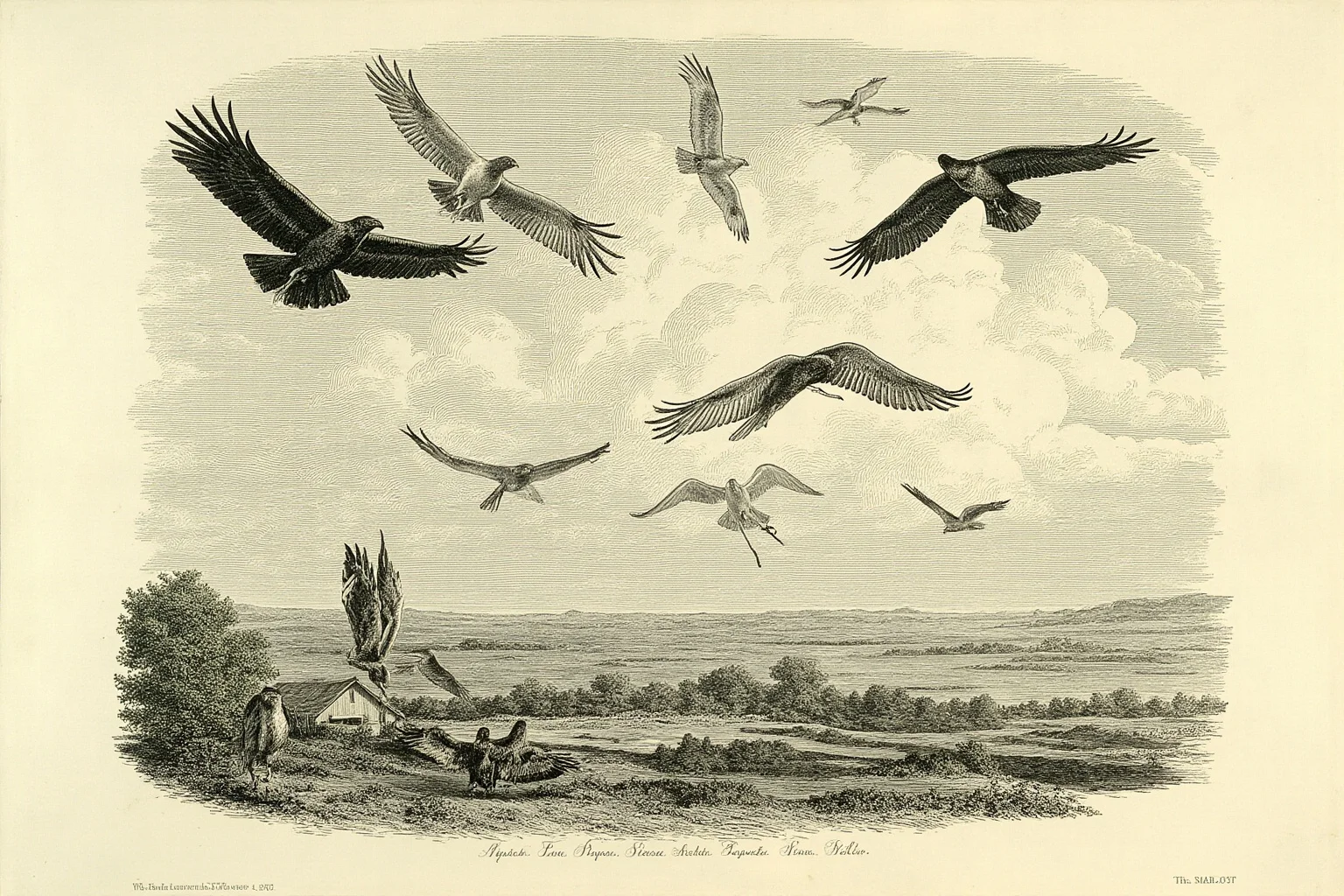 A flock of vultures circling high above a rural American landscape in the 1870s, illustrated in a historical engraving style