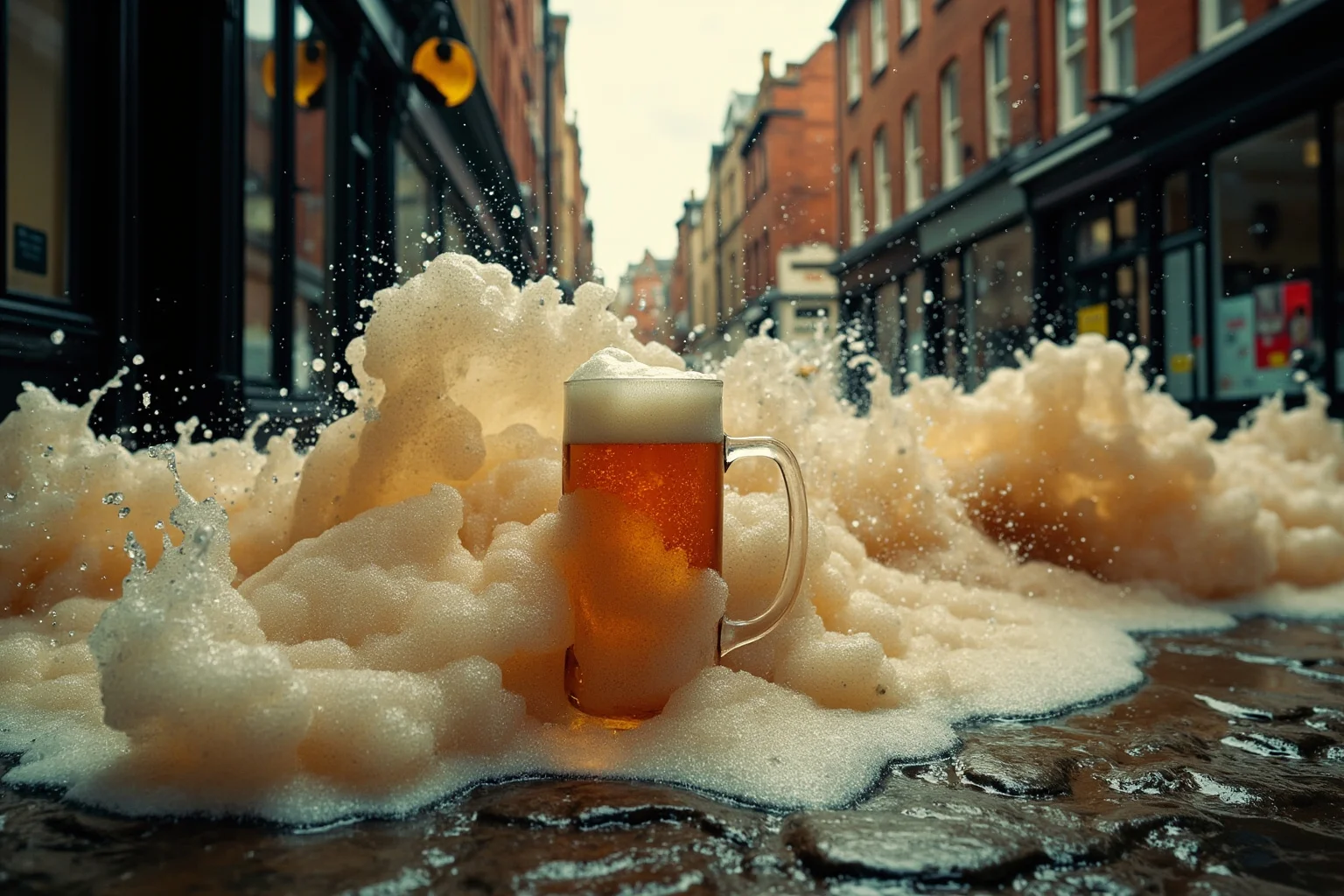 A flood of foamy ale rushing through a cobblestone London street past brick buildings, 1800s style