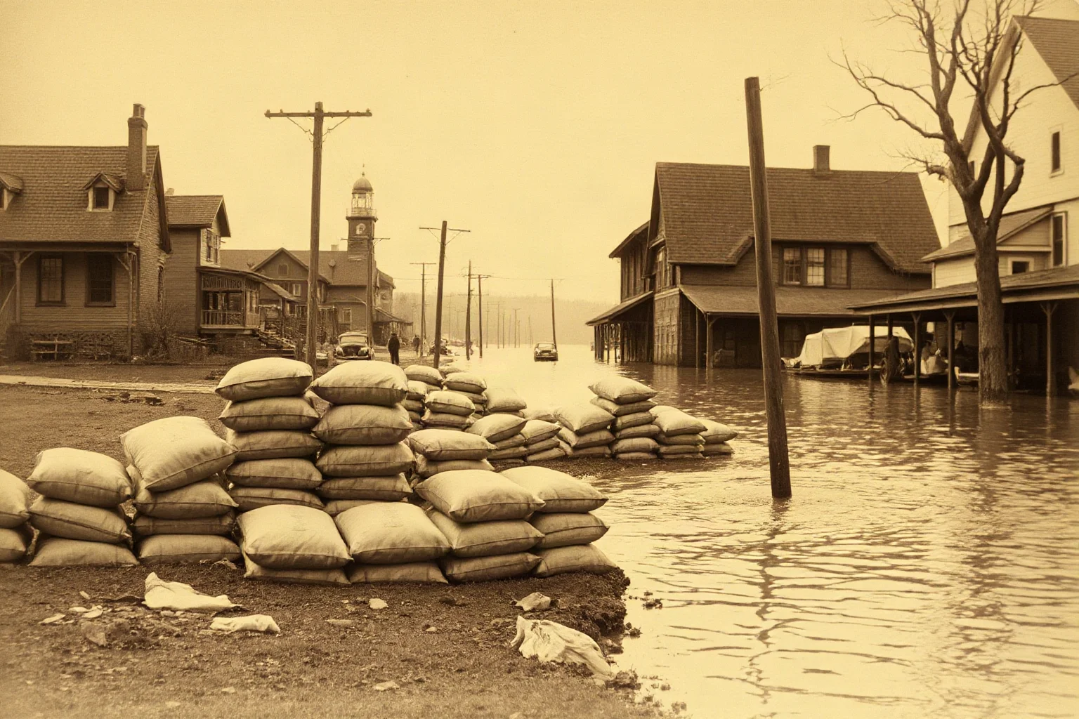 A flooded early 1900s riverside town with sandbags stacked along the water's edge, dramatic sepia tone