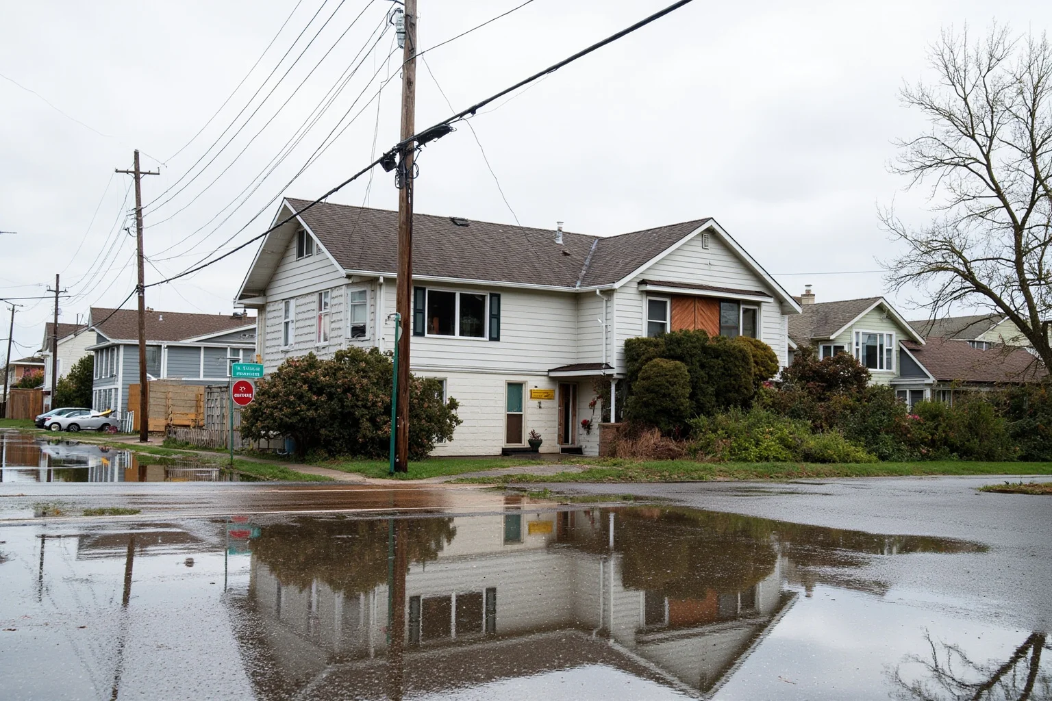 A flooded modern coastal neighborhood street with storm damage and overcast skies