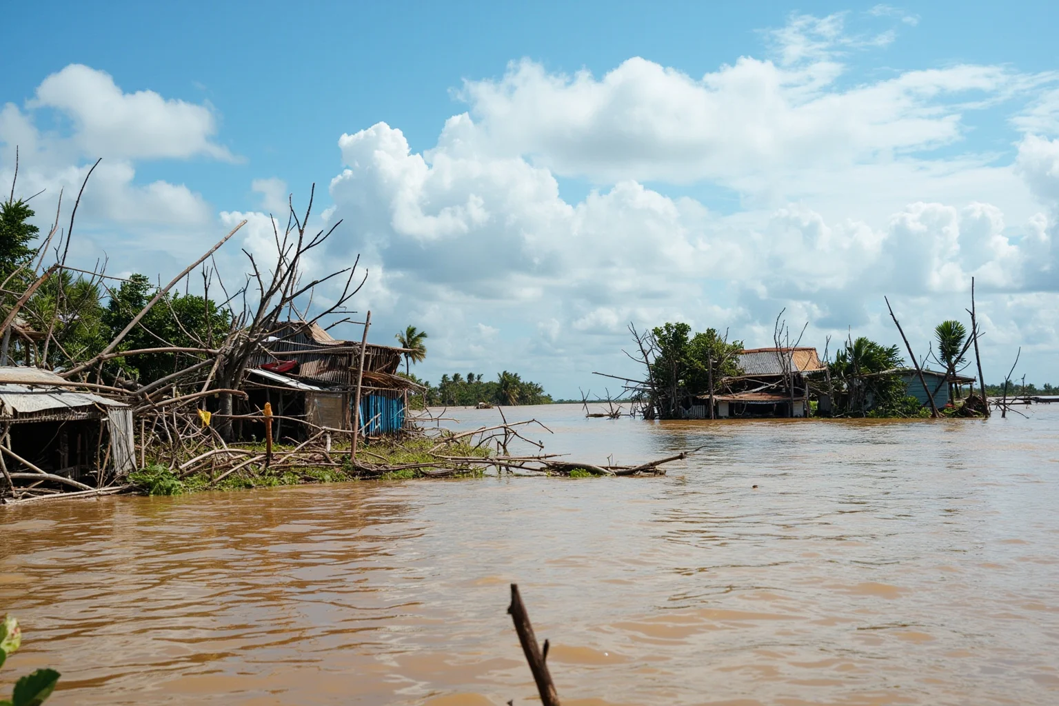 A flooded river delta region with destroyed huts and floating debris after a tropical cyclone