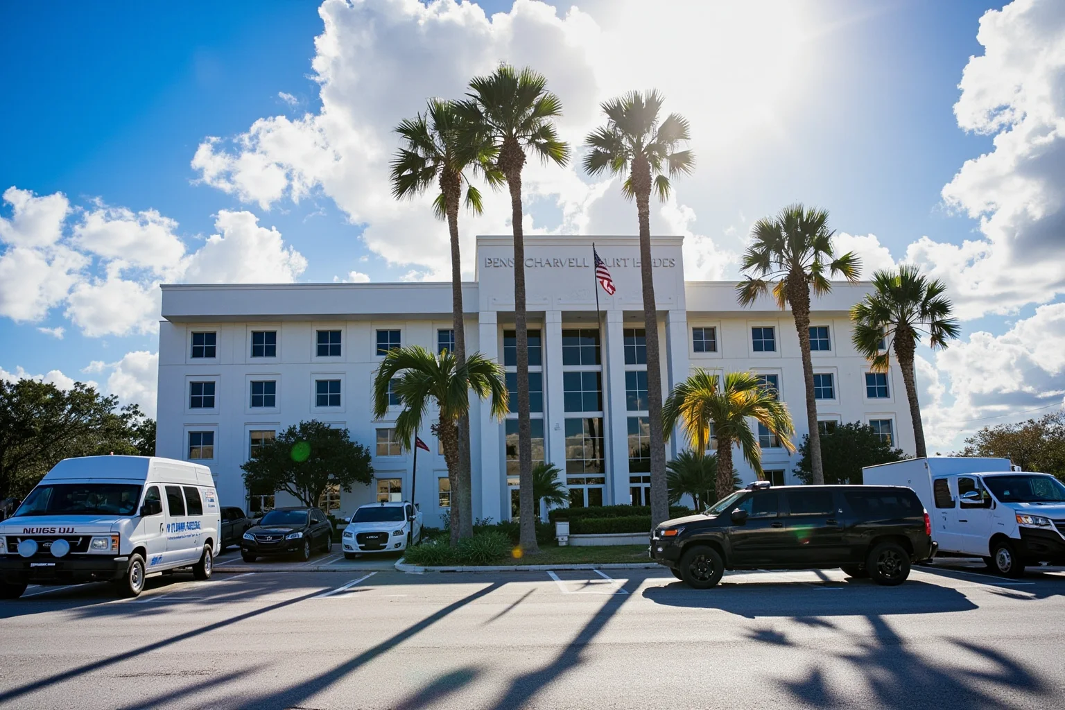 A Florida courthouse exterior under bright sun with palm trees and news vans parked outside