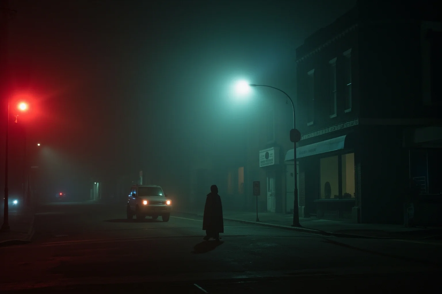 A foggy 1960s San Francisco street scene at night with a mysterious cloaked silhouette in the distance